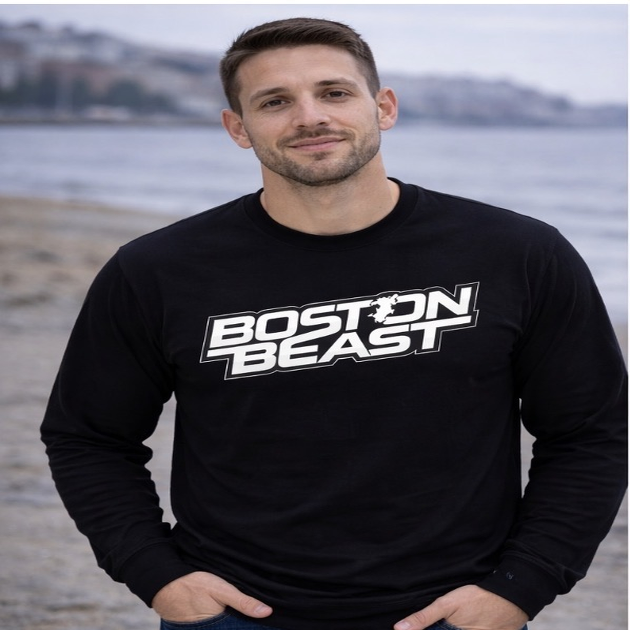 Boston Beast Unisex Ultra Cotton Long Sleeve. White Logo